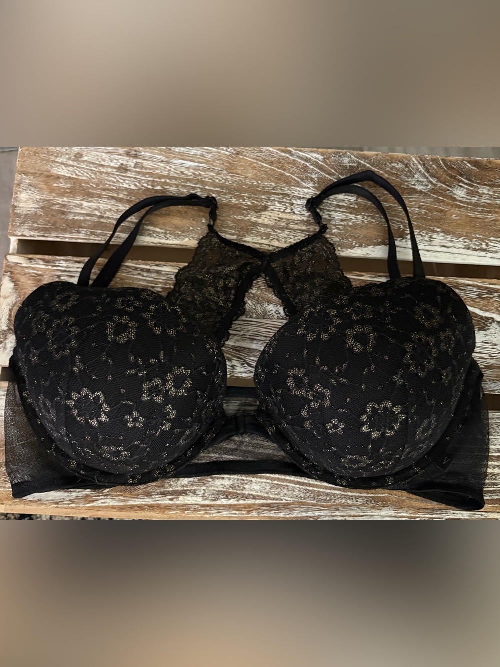 Victoria's Secret Black Lace Push-Up Bra with Floral Detail